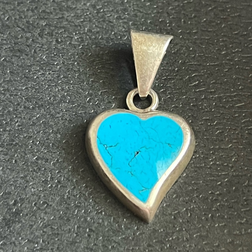 Sterling Silver 925 Turquoise Inlay Heart Pendant for Necklace Necklace - Picture 4 of 5